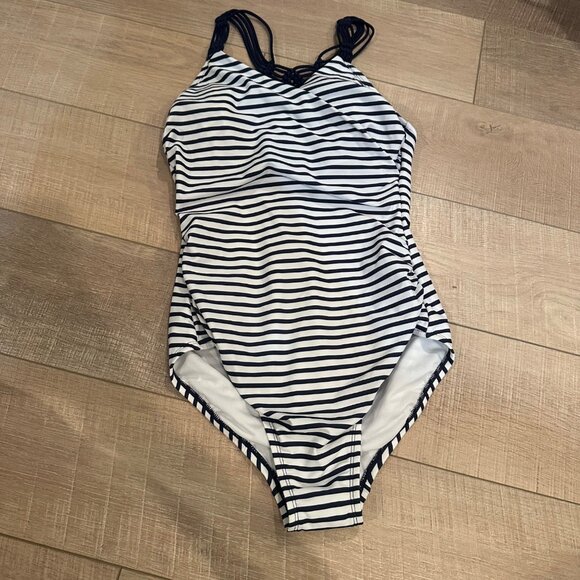 KONA SOL WOMENS MEDIUM NWOT NAVY BLUE STRIPE ONE PIECE SWIM SUIT - Picture 1 of 7